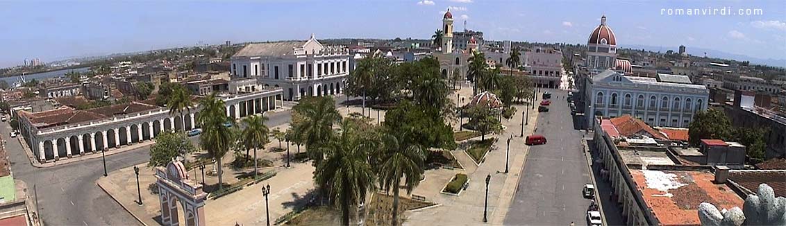 Cienfuegos Parque Jose Marti view from the lookout at Palacio de Ferrer, with (left to right) Teatro Tomñs Terry (just adjascent to the long, flat building, Catedral de la Purisima Coincepcion (slim tower) and the Poder Popular Provincial (large dome)