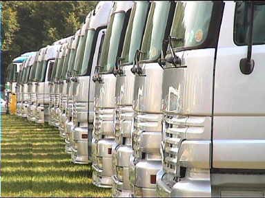 Mercedes Transport trucks used to transport the Formula 1 hardware lined up in the parking lot