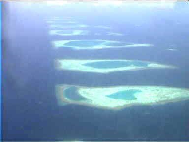 Reefs lined up in the brilliantly turquoise blue water