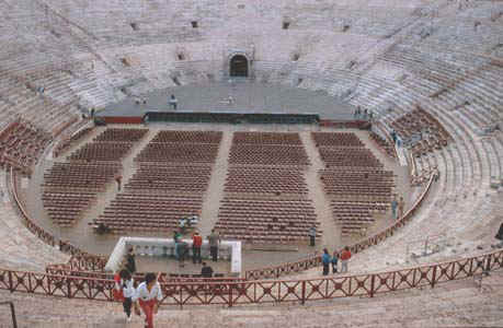 In the Coloseum of Verona. Aida is usually played here. You can see parts of the huge stage decoration in the circular hallways inside the structure
