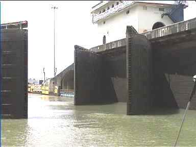 A close-up view of the lock-doors, Panama Canal
