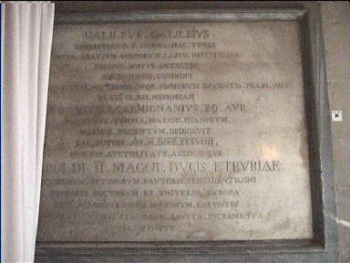 Plaque inside the tower recalling Galileo's experiments with gravity which took place here