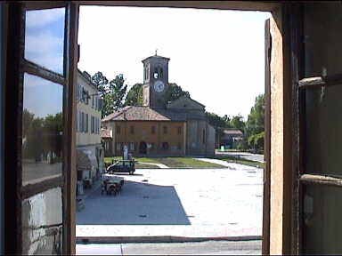 Looking out from Verdi's birth house onto the church where he used to practice the organ