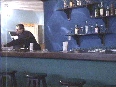 Blue bar at first restaurant in Merida