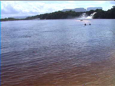 Canaima Lagoon with reddish water and Canaima Falls and Tepuis in the background. What an amazing landscape!